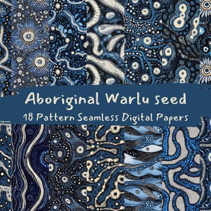 Könnte beinhalten: 18 digitale Papiere mit Mustern aus der australischen Aborigine-Kunst, Warlu Seed genannt. Die Muster sind in Blautönen, Weiß und Schwarz gehalten und zeigen komplizierte Designs aus Punkten, Linien und Spiralen.