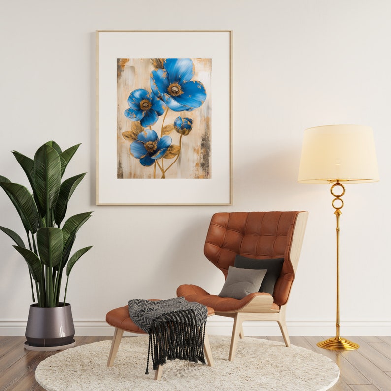 Abstract Blue and Gold Flowers on Beige With Gold Accents - Elegant ...