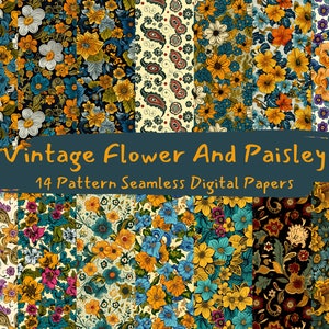 Vintage Flower And Paisley Pattern Seamless Digital Papers - printable scrapbook paper instant download, commercial use, 300dpi