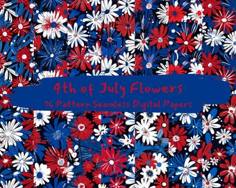 4th of July Flowers Pattern Seamless Digital Papers - printable scrapbook paper png instant download commercial use 300dpi