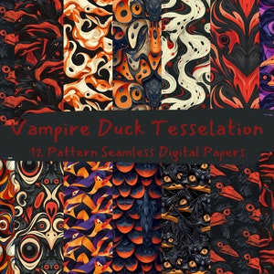 Op de afbeelding: Een set van 12 digitale papierpatronen met een herhalend patroon van gestileerde vampier-eenden in verschillende kleuren, waaronder zwart, rood, oranje en paars. De tekst "Vampire Duck Tessellation" en "12 Pattern Seamless Digital Papers" is opgenomen in de afbeelding.