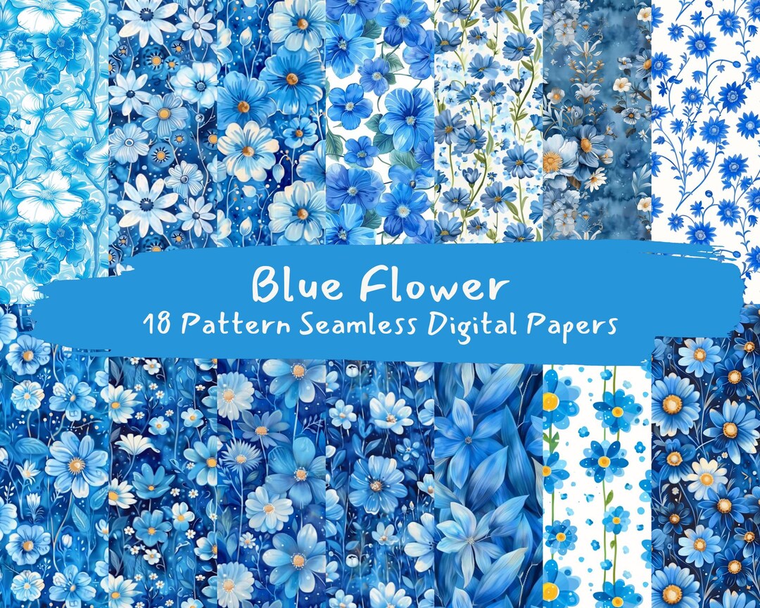 Blue Flower Pattern Seamless Digital Papers - Printable Scrapbook Paper ...