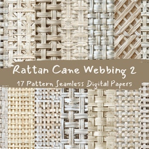 以下が含まれることがあります： ベージュと白の色の様々な籐の籐の織り模様を特徴とする、シームレスなデジタルペーパー17枚のセット。  Rattan Cane Webbing 2.