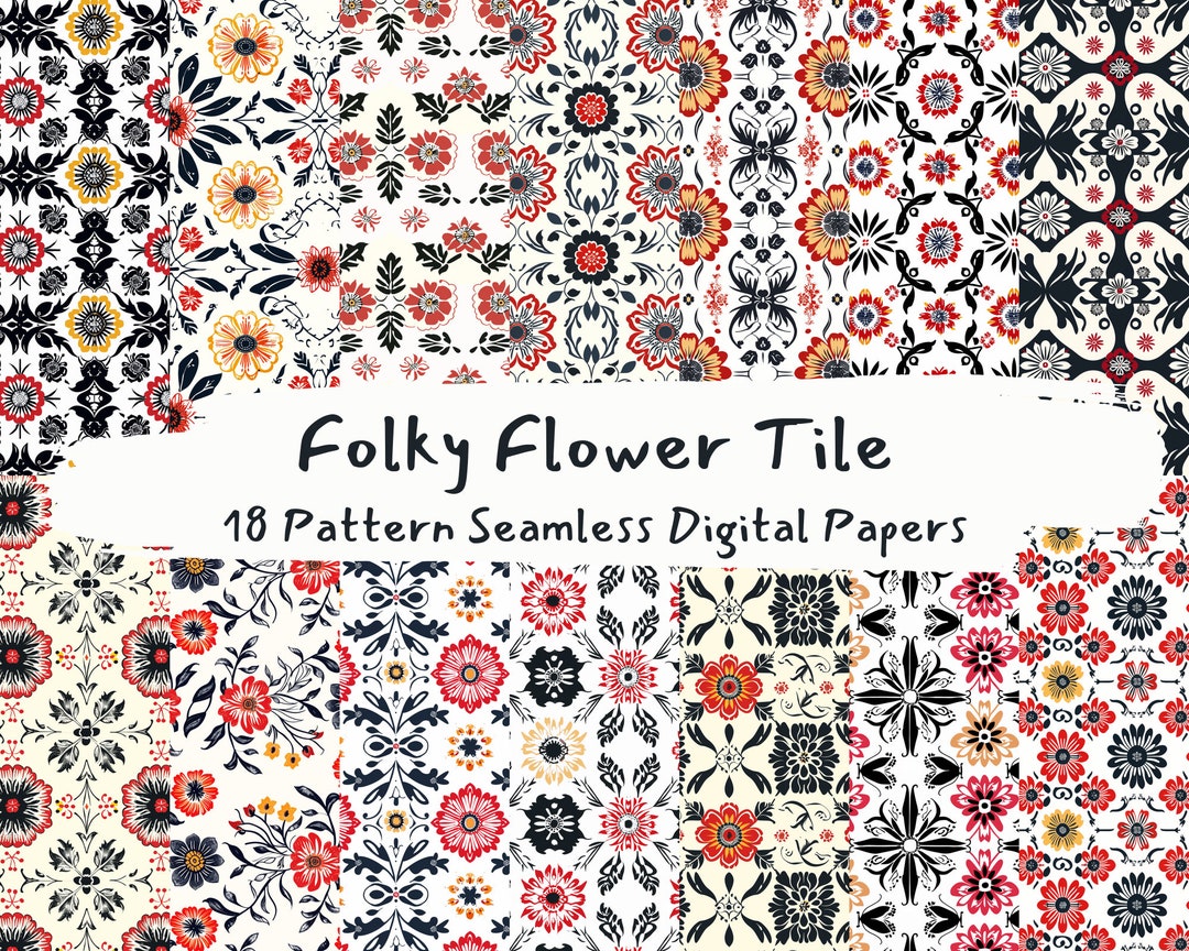 Folky Flower Tile Pattern Seamless Digital Papers - Printable Scrapbook ...
