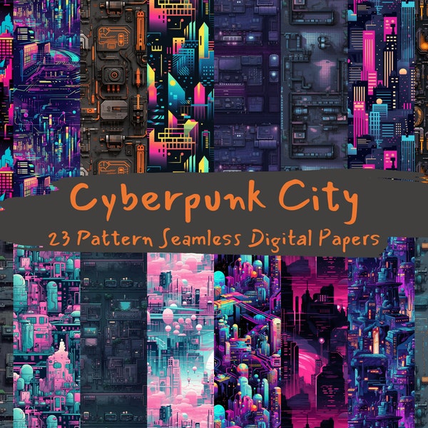 Cyberpunk City Pattern Seamless Digital Papers - tile patterns printable scrapbook paper instant download for commercial use, 300dpi