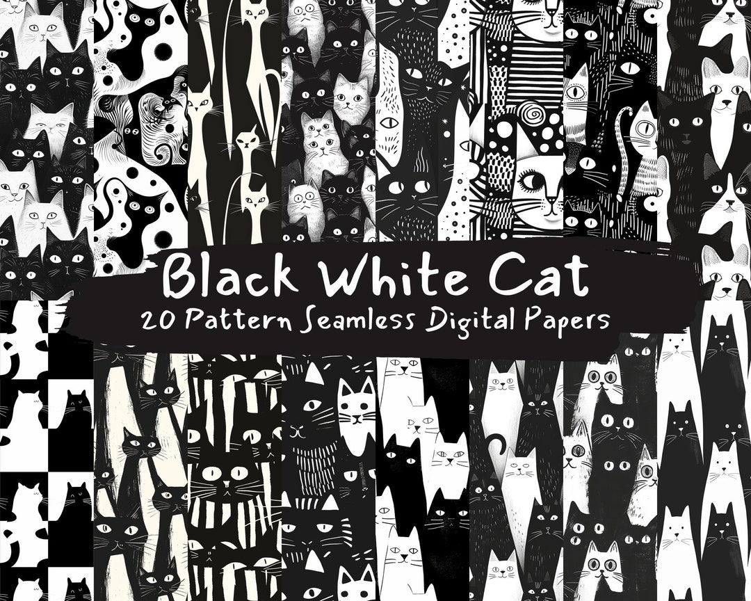 Black White Cat Pattern Seamless Digital Papers - Tile Patterns ...