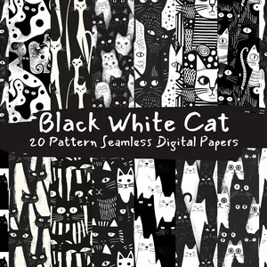 Black White Cat Pattern Seamless Digital Papers - tile patterns printable scrapbook paper instant download for commercial use, 300dpi