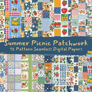 以下が含まれることがあります： 夏ピクニックをテーマにした、12種類のシームレスパターンを含むデジタルペーパーパック。様々なフルーツ、花、チェック柄の組み合わせがパッチワーク風にデザインされています。パターンは赤、青、黄、緑、白の色合いで構成されています。