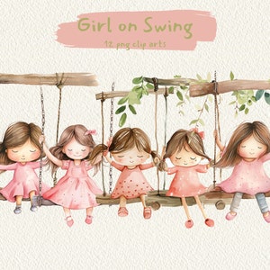 Pacchetto di clipart stampabili digitali Girl on Swing in formato PNG sfondo trasparente download immediato per uso commerciale