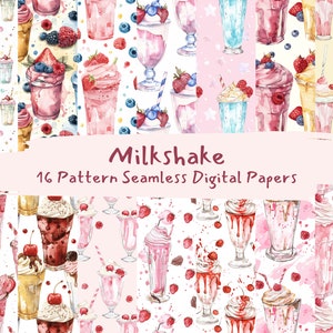 Puede incluir: Un conjunto de 16 papeles digitales con ilustraciones de acuarela de batidos con varios ingredientes, incluyendo cerezas, fresas y crema batida. Los papeles son sin costuras y se pueden usar para scrapbooking, creación de tarjetas y otros proyectos de manualidades.
