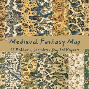 Middeleeuwse fantasiekaart patroon naadloze digitale papers - afdrukbaar plakboekpapier png instant download commercieel gebruik 300 dpi