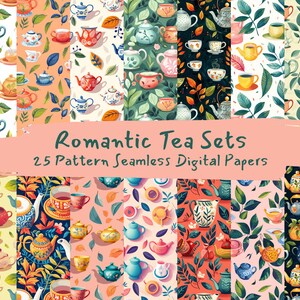 May include: A set of 25 digital paper patterns featuring romantic tea sets with floral and leaf designs. The patterns are seamless and ideal for crafting projects, scrapbooking, and digital design.