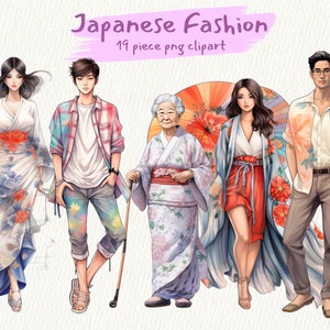Puede incluir: Cuatro personas con ropa de inspiración japonesa. Una mujer con un kimono floral blanco y azul, un hombre con una camisa a cuadros y pantalones vaqueros, una mujer mayor con un kimono japonés tradicional y un hombre con una camisa floral y pantalones caqui.