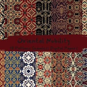 May include: A digital paper pack with 18 seamless patterns featuring intricate geometric designs in shades of red, gold, blue, and black. The patterns are inspired by traditional oriental motifs and are perfect for creating unique and elegant designs.