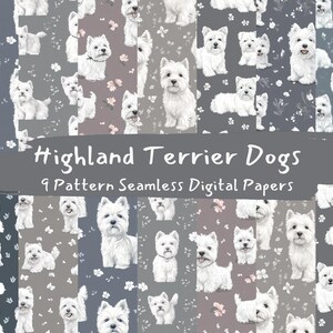 May include: Nine digital paper patterns featuring white Highland Terrier dogs on a grey and pink background. The patterns are seamless and can be used for crafting, scrapbooking, and other creative projects.