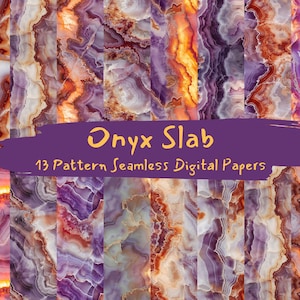 Może przedstawiać: Pakiet papierów cyfrowych z 13 wzorami bez szwów o teksturach onyksu w kolorze fioletowym, pomarańczowym i białym. Tekst "Onyx Slab 13 Pattern Seamless Digital Papers" jest wyświetlany na fioletowym tle.
