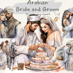 Bundle de cliparts numériques imprimables de mariage des mariés arabes au format PNG fond transparent, téléchargement immédiat pour un usage commercial