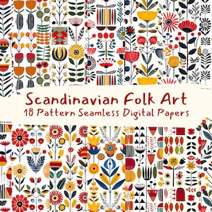 Carta digitale senza cuciture con motivo di arte popolare scandinava - carta per scrapbooking stampabile, download immediato, uso commerciale, 300 dpi