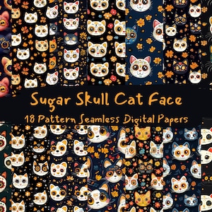 May include: 18 digital paper patterns featuring sugar skull cat faces. The patterns are black and white with orange, yellow, and pink accents. The cat faces are stylized with sugar skull markings and floral accents.