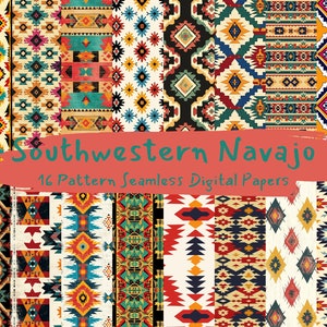 May include: A set of 16 digital papers featuring Southwestern Navajo patterns. The patterns are colorful and geometric, with a variety of colors including red, blue, yellow, and black. The papers are seamless and can be used for a variety of projects, such as scrapbooking, card making, and digital design.