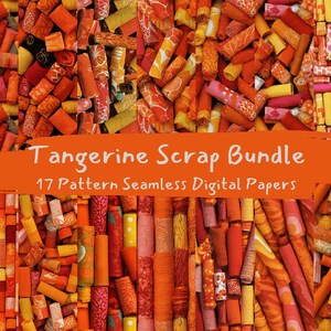 May include: A vibrant collection of orange and yellow fabric scraps, tightly rolled and bundled together. The image features a variety of patterns and textures, with the text "Tangerine Scrap Bundle" and "17 Pattern Seamless Digital Papers" in white on an orange banner.