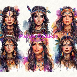 May include: Six digital paintings of women with long dark hair wearing colourful Native American-inspired headdresses and jewellery. The text "Native Goddess" is in the centre of the image.