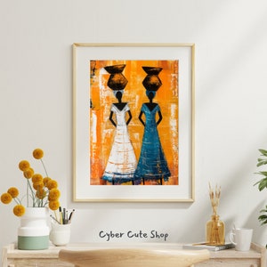 Elegant African Women Wall Art - Tribal Clay Pots Digital Print, Vibrant Ethnic Home Decor, Instant Download, Printable Poster