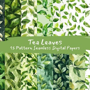 May include: A set of 15 digital paper patterns featuring watercolor illustrations of green tea leaves. The patterns are seamless and can be used for a variety of crafting projects.