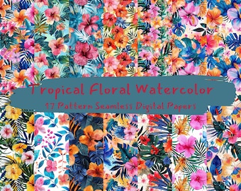 Tropical Floral Watercolor Pattern Seamless Digital Papers - printable scrapbook paper png instant download commercial use 300dpi