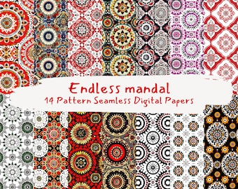 Endloses Mandal-Muster, nahtlose digitale Papiere – druckbares Scrapbook-Papier, sofortiger Download, kommerzielle Nutzung, 300 dpi
