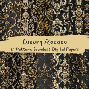 May include: A set of 21 digital papers featuring intricate gold and black rococo patterns. The patterns are seamless and can be used for a variety of projects, such as scrapbooking, card making, and digital design.