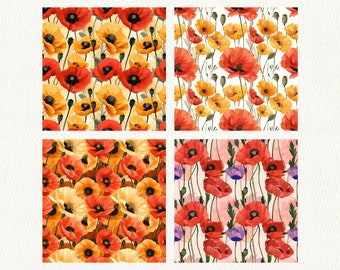 Poppy Flower Pattern Seamless Digital Papers - Printable
