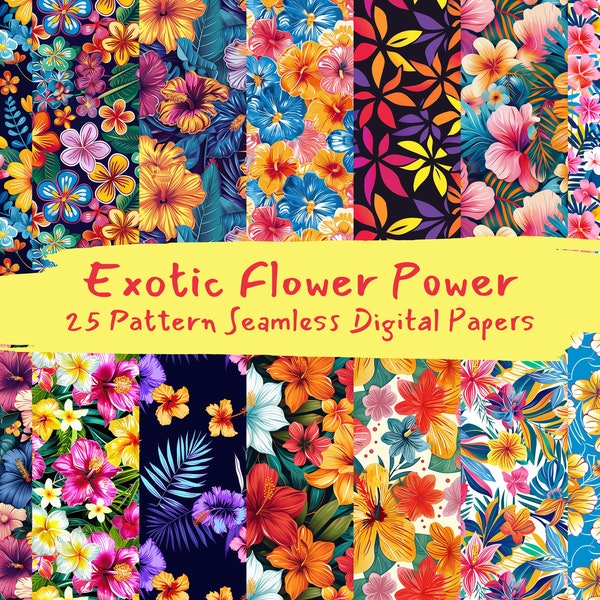 Exotic Flower Power Pattern Seamless Digital Papers - printable scrapbook paper instant download, commercial use, 300dpi