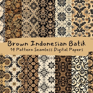 Könnte beinhalten: Ein Set mit 14 digitalen Papieren mit braunen und schwarzen indonesischen Batik-Mustern. Die Muster sind kompliziert und detailliert, mit floralen und geometrischen Motiven.