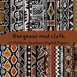 Op de afbeelding: 21 digitale papieren met naadloze patronen in bruin, zwart, wit en oranje. De patronen zijn geïnspireerd op Afrikaanse modderdoek en bevatten geometrische vormen en ontwerpen.