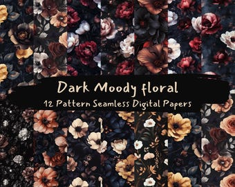 May include: Twelve digital paper patterns featuring dark moody floral designs. The patterns feature various flowers in shades of red, yellow, white, and brown on a black background.