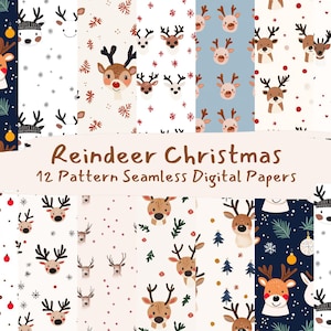 Reindeer Christmas Pattern Seamless Digital Papers - printable scrapbook paper png instant download commercial use 300dpi