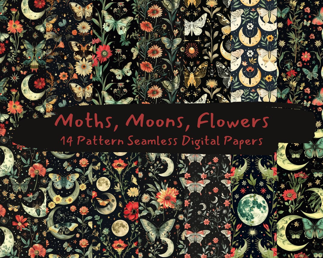 Moths, Moons, Flowers Pattern Seamless Digital Papers - Printable ...