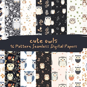 May include: A set of 16 digital papers featuring cute owl illustrations in various colors and patterns. The papers are seamless and perfect for crafting projects, scrapbooking, and digital design.