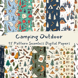 Puede incluir: Un conjunto de 15 patrones de papel digital con temas de camping y actividades al aire libre. Los patrones incluyen ilustraciones de tiendas de campaña, árboles, fogatas, estrellas y otros artículos relacionados con el camping en una variedad de colores, incluyendo azul, verde, marrón y naranja. El texto "Camping Outdoor 15 Pattern Seamless Digital Papers" se muestra en la parte inferior de la imagen.