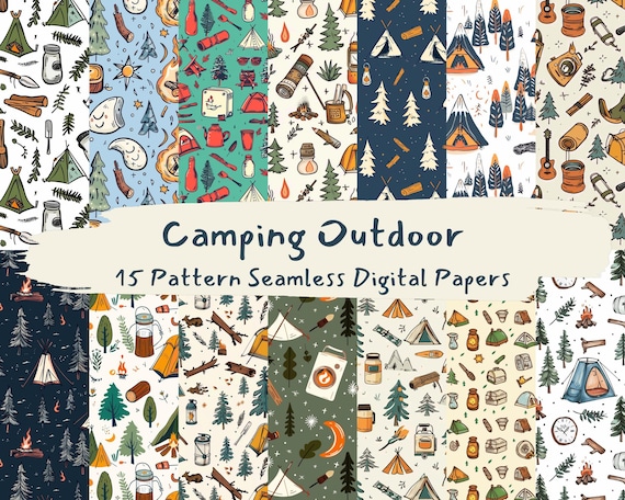 Camping Outdoor Pattern Seamless Digital Papers - printable scrapbook paper png instant download commercial use 300dpi
