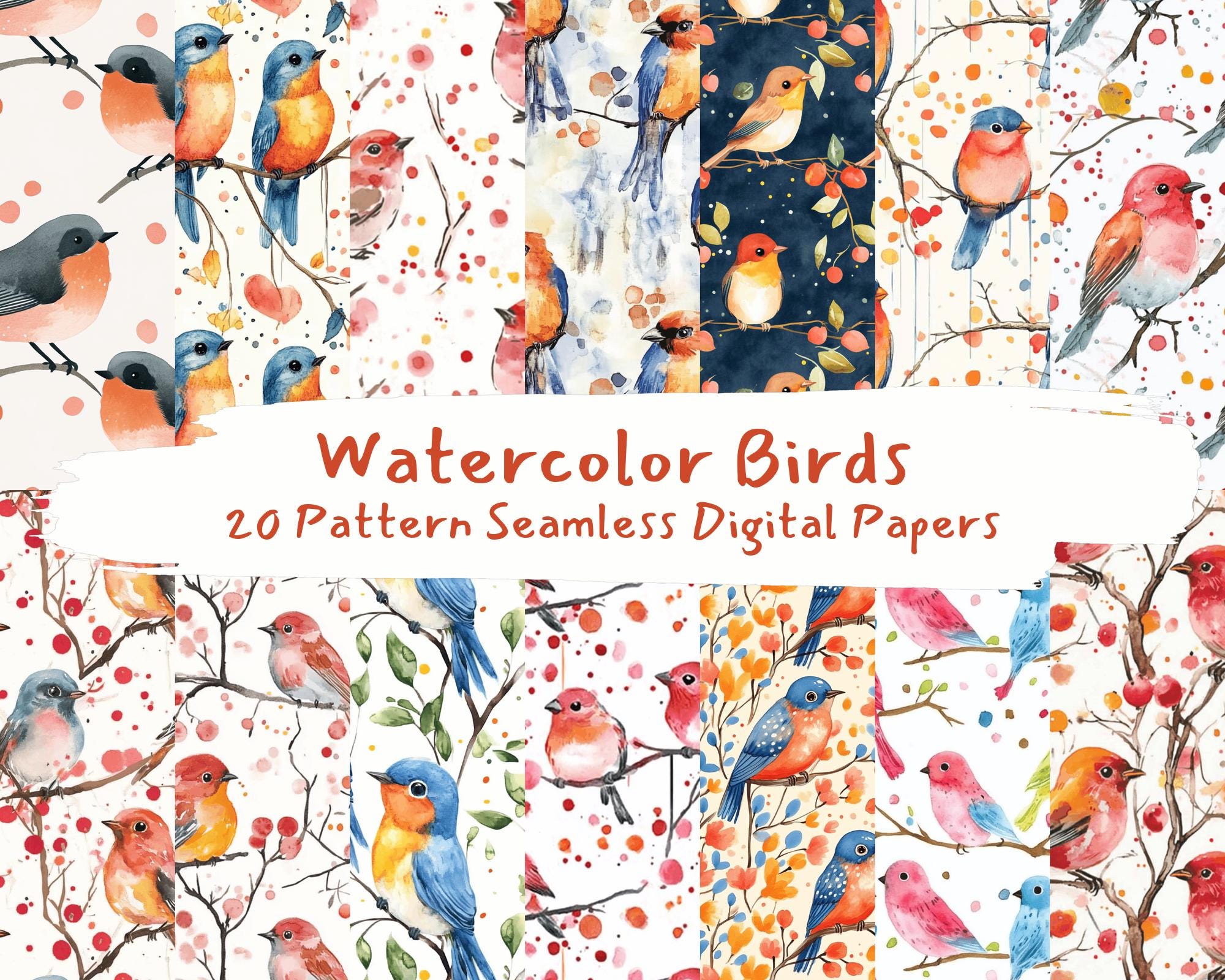 Watercolor Birds Pattern Seamless Digital Papers - Printable Scrapbook ...