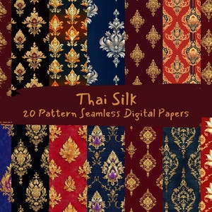 May include: A set of 20 digital papers featuring seamless patterns inspired by Thai silk. The patterns are intricate and ornate, with gold and red colors dominating the designs. The papers are perfect for creating digital projects, such as invitations, cards, and scrapbook pages.