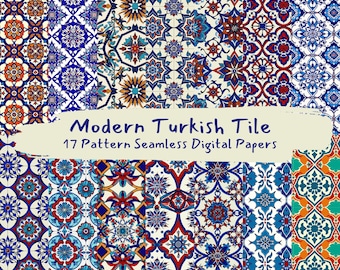 Modern Turkish Tile Pattern Seamless Digital Papers - printable scrapbook paper png instant download commercial use 300dpi