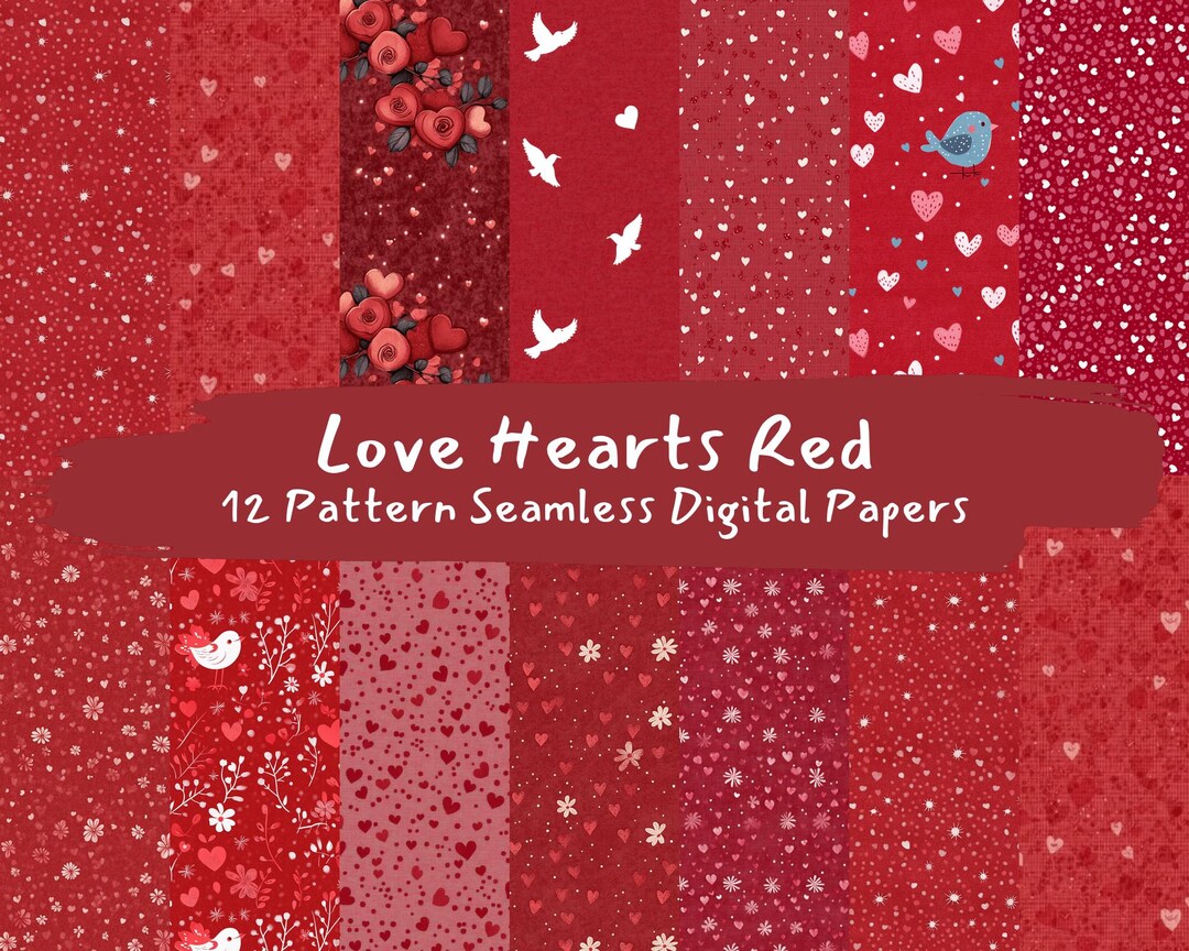 Love Hearts Red Pattern Seamless Digital Papers - Printable Scrapbook ...