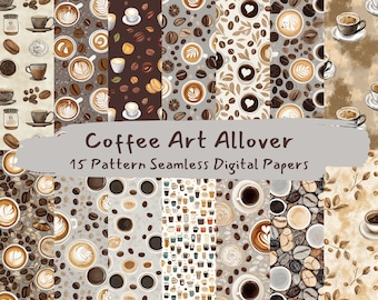 Koffiekunst allover patroon naadloze digitale papers - afdrukbaar plakboekpapier png instant download commercieel gebruik 300 dpi