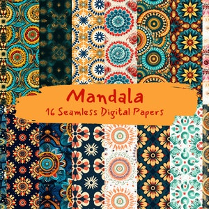 May include: A set of 16 digital papers featuring colourful mandala patterns in various colours, including blue, green, yellow, red, and orange. The papers are seamless and can be used for a variety of creative projects.