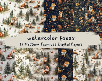 watercolor foxes Pattern Seamless Digital Papers - printable scrapbook paper png instant download commercial use 300dpi