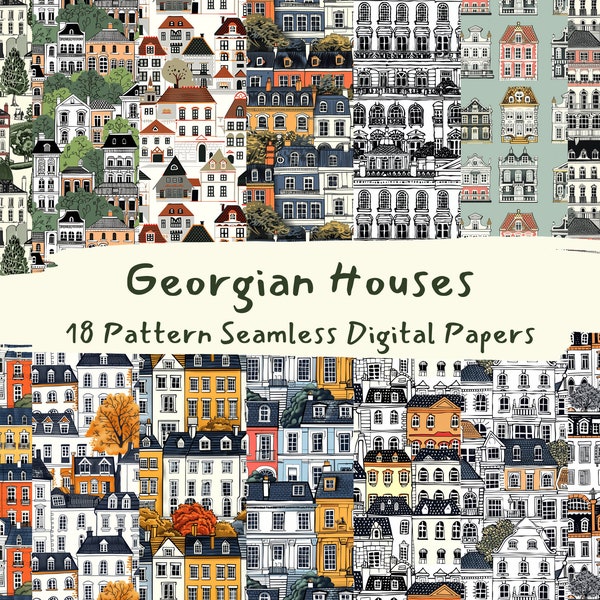 Georgian Houses Pattern Seamless Digital Papers - printable scrapbook paper instant download, commercial use, 300dpi