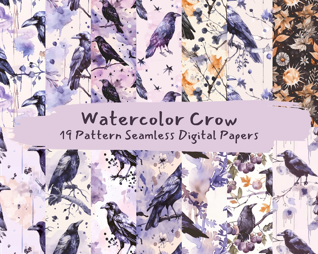 Watercolor Crow Pattern Seamless Digital Papers - Printable Scrapbook ...